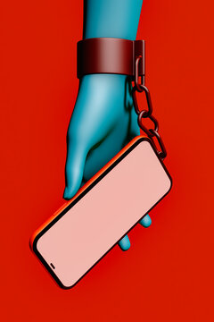 A hand holding a phone symbolizing technology dependence and control
