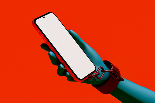 A hand holding a phone symbolizing technology dependence and control