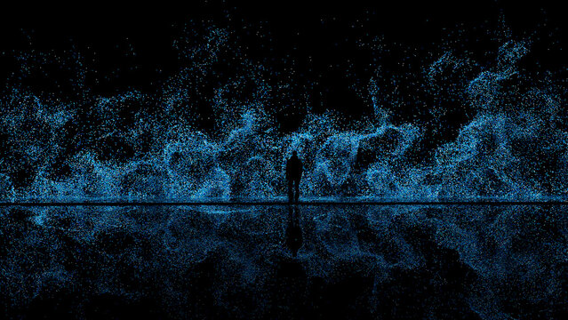 Man's silhouette against a blue tech particle background