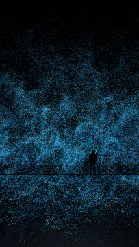 Man's silhouette against a blue tech particle background