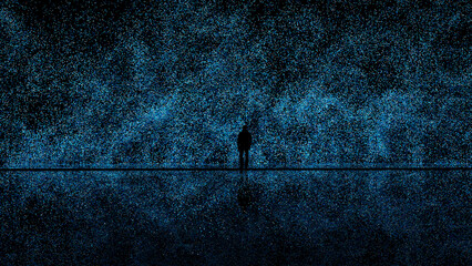 Man's silhouette against a blue tech particle background