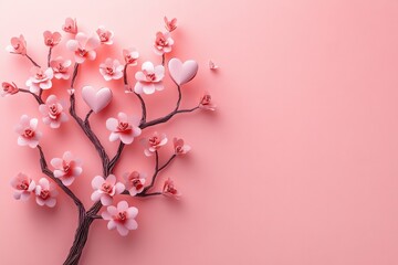 Fototapeta premium Artistic Paper Tree with Branches and Blooming Flowers on Pink Background