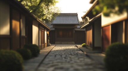 Sunlit cobblestone alleyway between traditional Japanese houses.