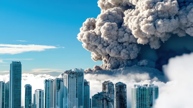 A dramatic view of a city skyline overshadowed by a massive volcanic eruption, featuring thick clouds of ash and smoke against a bright blue sky.