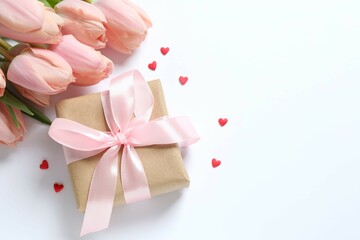 Beautiful fresh tulips with gift box on white background