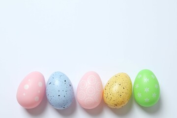 Easter eggs on white background, top view