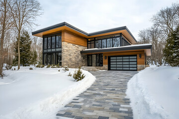 Modern home driveway cleared of snow after a heavy winter storm