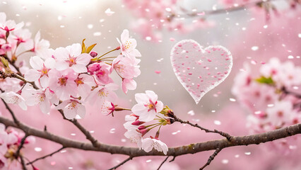 Heart-shaped petals amidst vibrant cherry blossoms embracing nature's artistry
