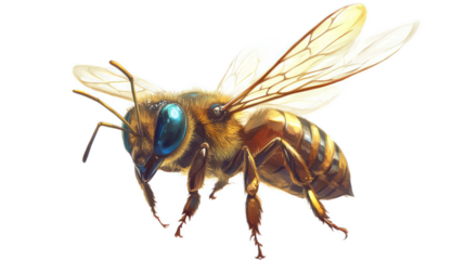Detailed close-up illustration of a realistic bee showcasing its intricate features, vibrant colors, and delicate wings on a transparent background for educational or artistic use.