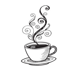 Black and white one line art icon drawing a coffee with white background