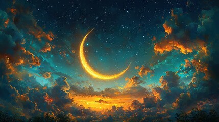 Fototapeta premium Crescent moon rising over colorful sunset sky with stars.