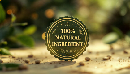 Badge showcasing 100 percent natural ingredient seal among greenery in a serene outdoor setting