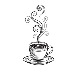 Black and white one line art icon drawing a coffee with white background