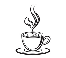Black and white one line art icon drawing a coffee with white background