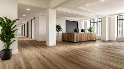 A modern, spacious reception area featuring wooden flooring, a sleek front desk, and natural light from large windows, complemented by decorative plants.