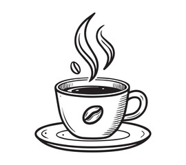 Black and white one line art icon drawing a coffee with white background
