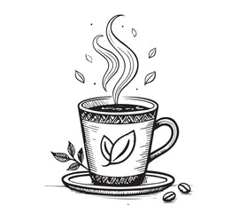 Black and white one line art icon drawing a coffee with white background