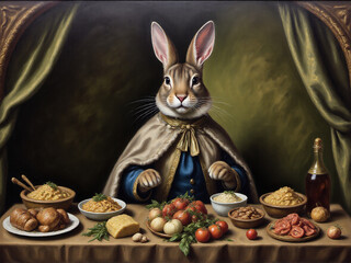 A whimsical still life featuring a rabbit dressed in royal attire, seated at a lavish feast, showcasing an array of delicacies.