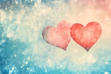 Obraz premium Romantic vintage Valentine's Day illustration with two textured red hearts on a soft pastel blue and beige bokeh background, perfect for greeting cards, banners, posters, or designs for February 14 