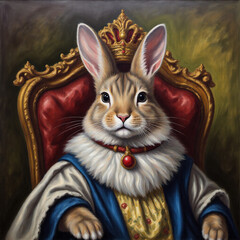 A regal rabbit adorned in royal attire, seated on a majestic throne, exuding an air of nobility.