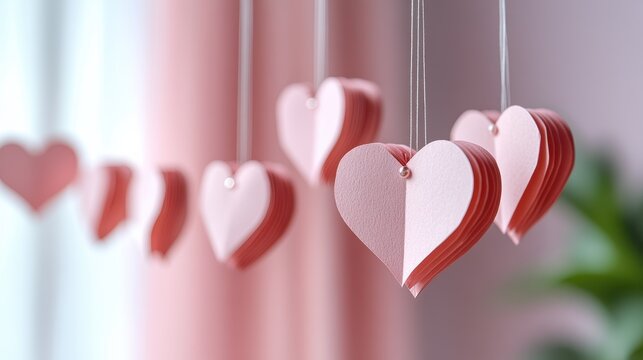 Delicate Pink Paper Heart Garlands Gracefully Hanging Indoors