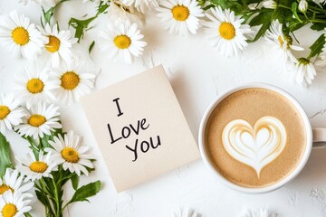 Romantic flat-lay setup for Valentines Day featuring heartfelt coffee and cheerful daisies to celebrate love