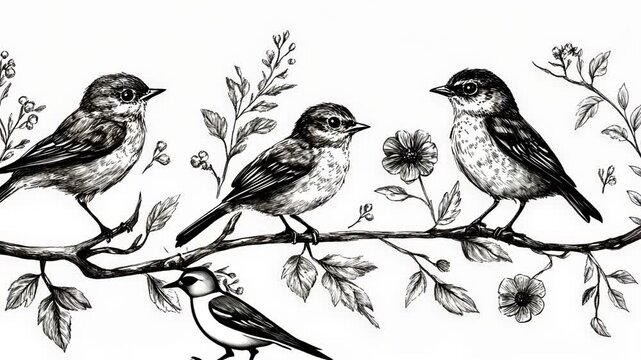 Cute Robin Couple Silhouette 2D Vector Illustration in Black and White on Tree Branch