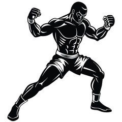 Vector silhouette of a boxer in a fighting stance, mid-action,  