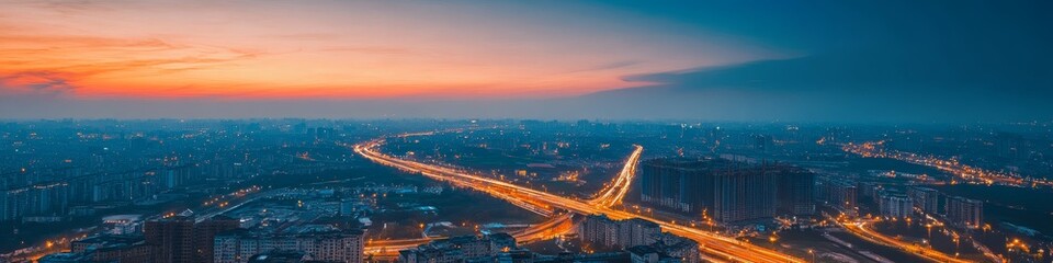 Obraz premium A panoramic view of a cityscape at sunset, highlighting roads and urban development.