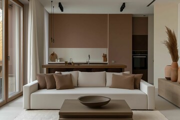 Fototapeta premium Contemporary living room featuring a sofa in the popular mocha mousse shade. Minimalistic yet inviting. Large windows provide an open feel. 