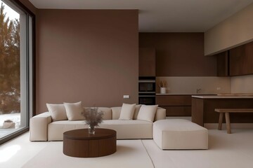 Contemporary living room featuring a sofa in the popular mocha mousse shade. Minimalistic yet inviting. Large windows provide an open feel.  