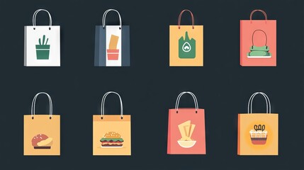 Set of three paper bags with inscriptions and signs. Delivery service. Take away paper food bag. Colorful icons, logo or sign for web, print. flat vector illustration