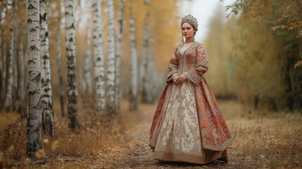 Naklejka premium Elegant woman in traditional attire walking in autumn forest