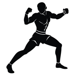 Vector silhouette of a boxer in a fighting stance, mid-action,  