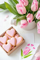 Valentines Day flat-lay with heart-shaped cookies, pink tulips, and a romantic poem on a white table