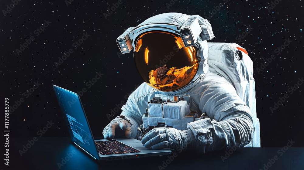 Poster astronaut engaged in digital task while floating in space
