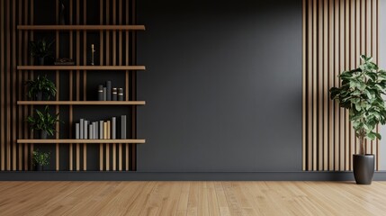 Modern minimalist dark room interior with wooden shelves, plant, and empty wall space.