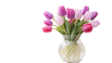 Pink and violet tulips bouquet in vase on transparent background PNG.
