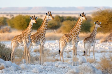Fototapeta premium Stunning sunset over Namibian wilderness with giraffes and springboks grazing in Etosha National Park