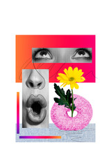Vertical sketch 3d artwork collage poster of shocked girl half face eyeball stare mouth open...