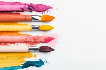 Fototapeta premium Colorful Artist Paintbrushes with Pigment Swatch Samples on White Background