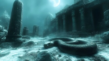 Spectral Snake Slithering Amidst Crumbling Ruins of Ancient Necropolis Temple in Eerie Moonlit Graveyard