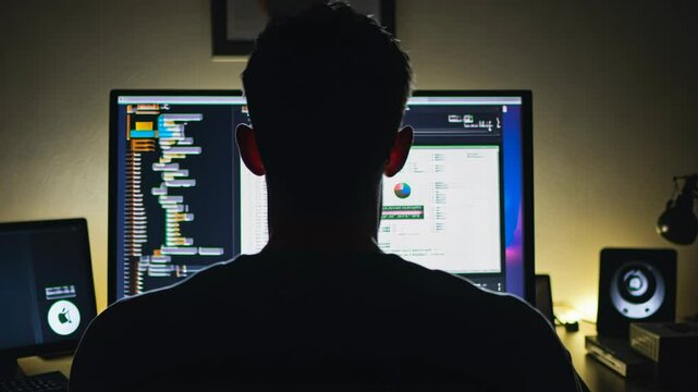 Silhouette of a programmer working late at night on multiple screens in a dimly lit room