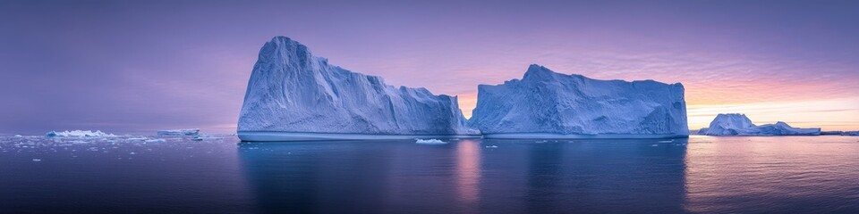 A serene panorama of icebergs at sunset, reflecting hues of purple and orange in the water.