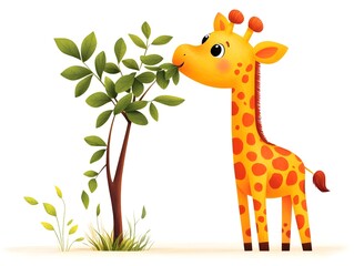 Fototapeta premium Cheerful Cartoon Giraffe Enjoying Leaves from Whimsical Tree