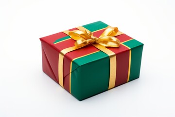 Isolated holiday gift box with ribbon in red, green, and gold on a clean white background