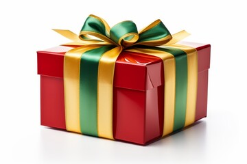 Fototapeta premium Isolated image of a holiday gift box decorated with ribbon in red, green, and gold on white