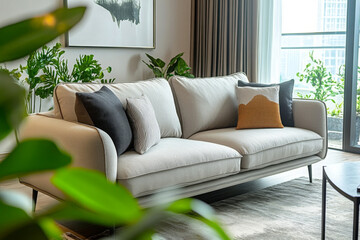 A contemporary living room with a chic and inviting sofa set against a backdrop of modern interior design
