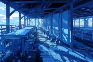 Silhouette of a school classroom porch in shades of blue with desks and chalkboard elements
