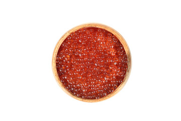Top view of wooden bowl with red caviar on white background.